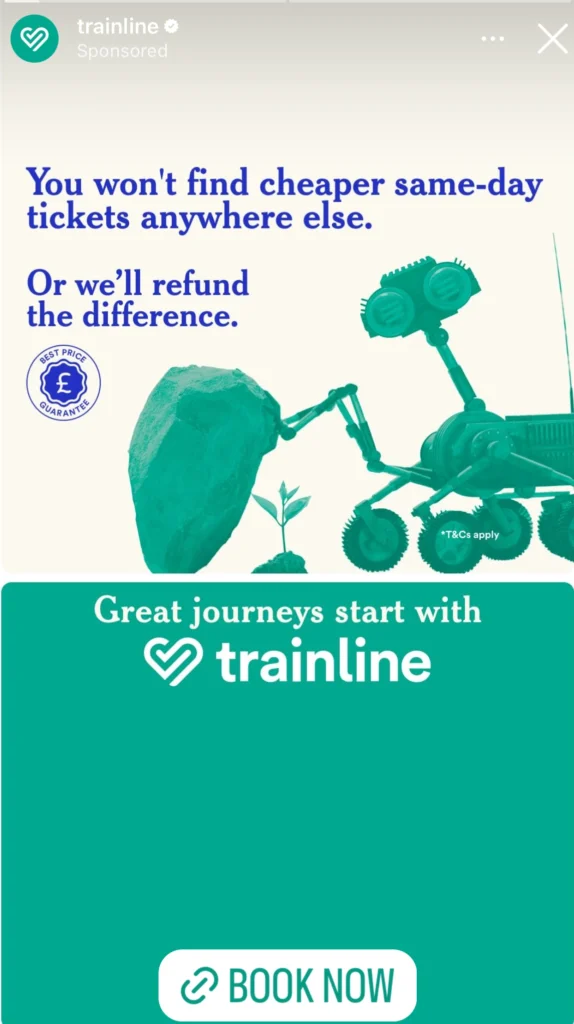 Trainline advertises cheaper same-day tickets or a refund, with a teal rover, rock and plant illustration.
