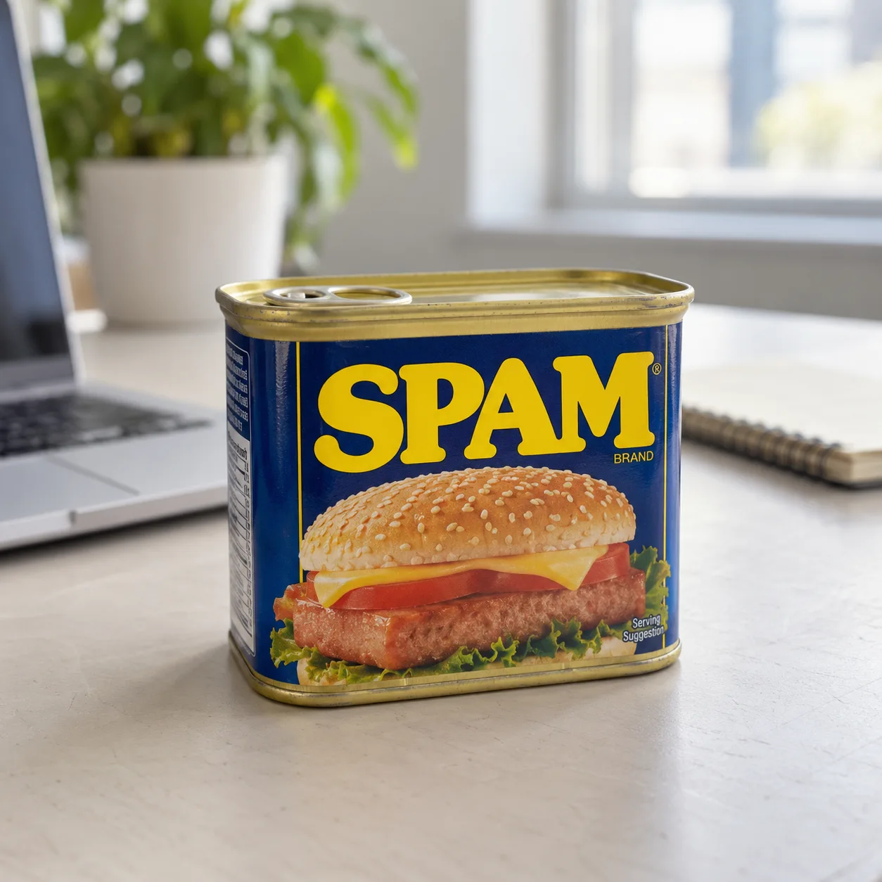 A blue-and-gold SPAM tin displaying a burger sits on a light office desk, with a laptop, notebook, and potted plant nearby.