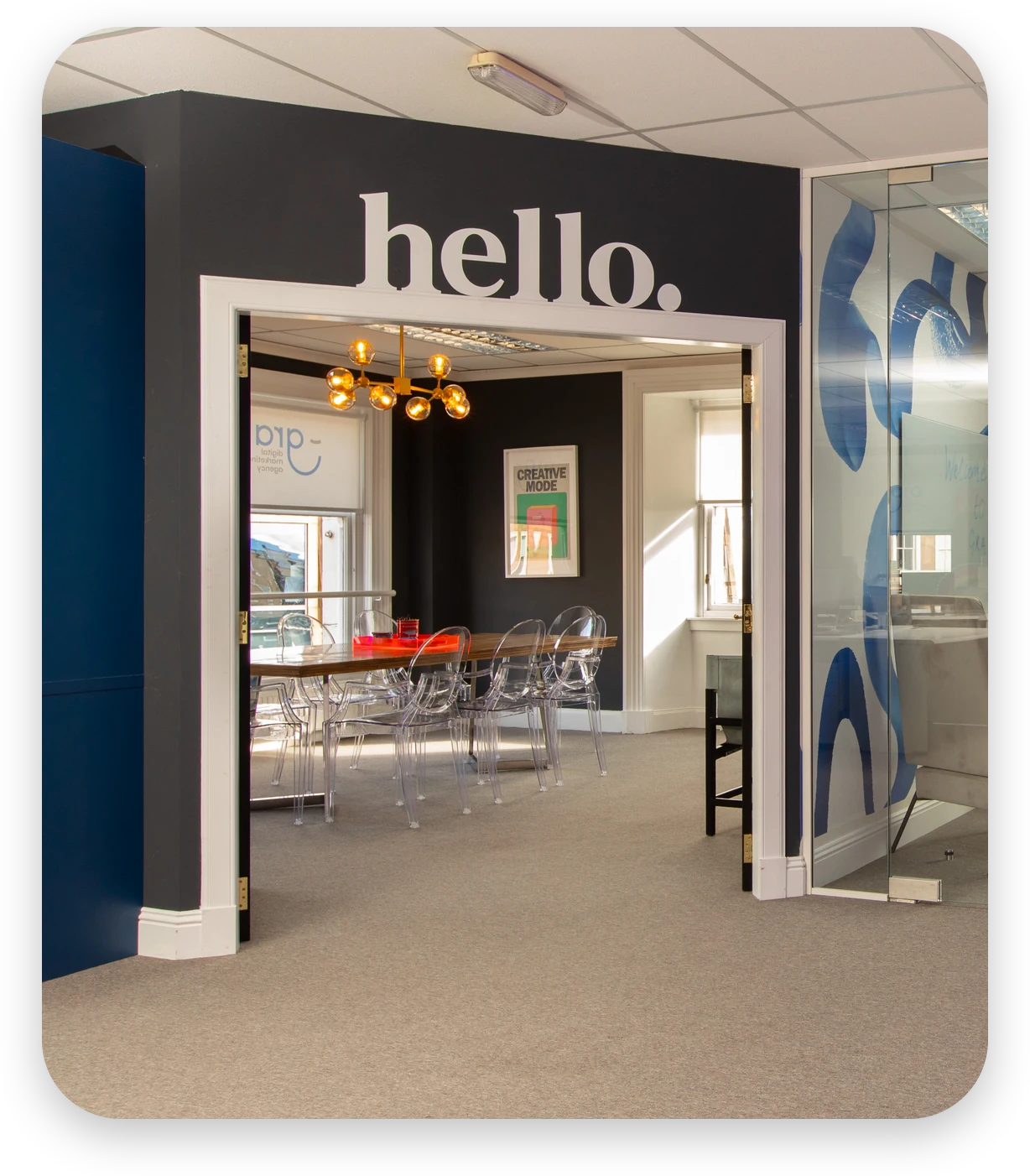 The GRA office, with the hello. sign above the meeting room door
