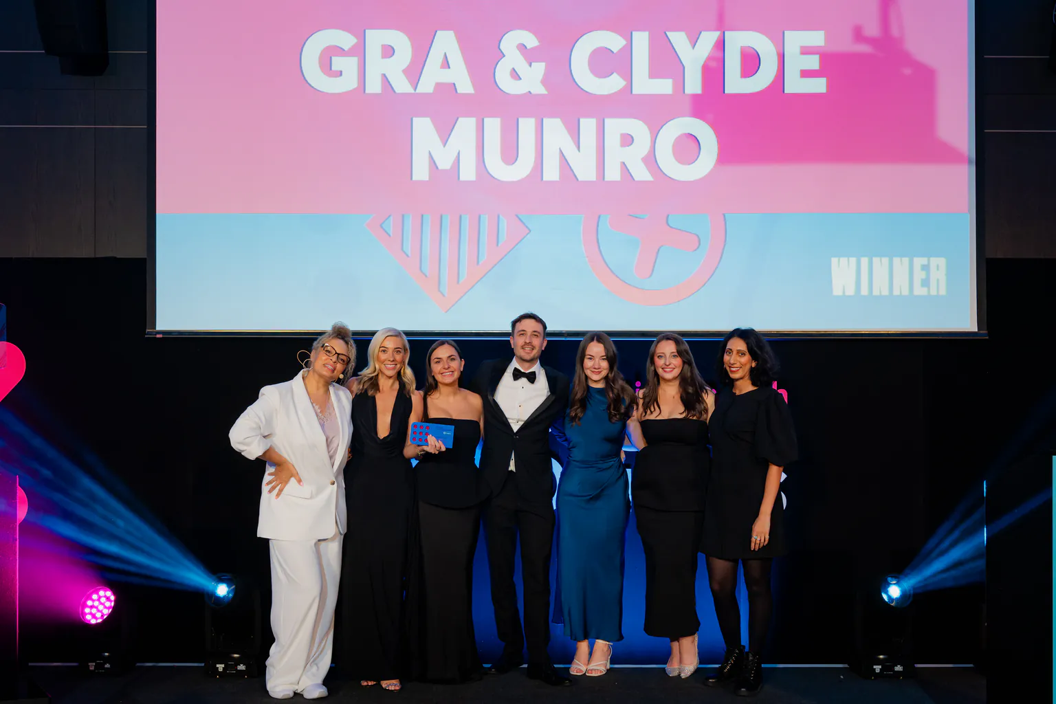 The GRA and Clyde Munro team on stage at the UK Social Media Awards 2026, under a screen reading GRA and Clyde Munro, Winner