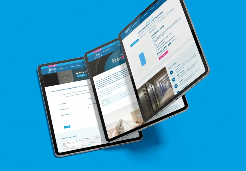 GTW Storage website pages shown on tablets