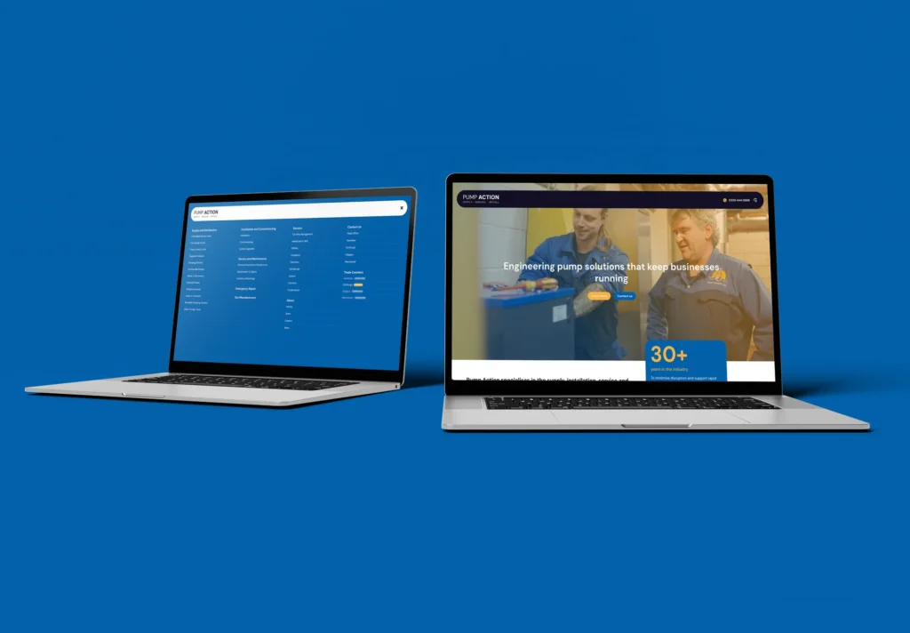 Pump Action website shown on a laptop
