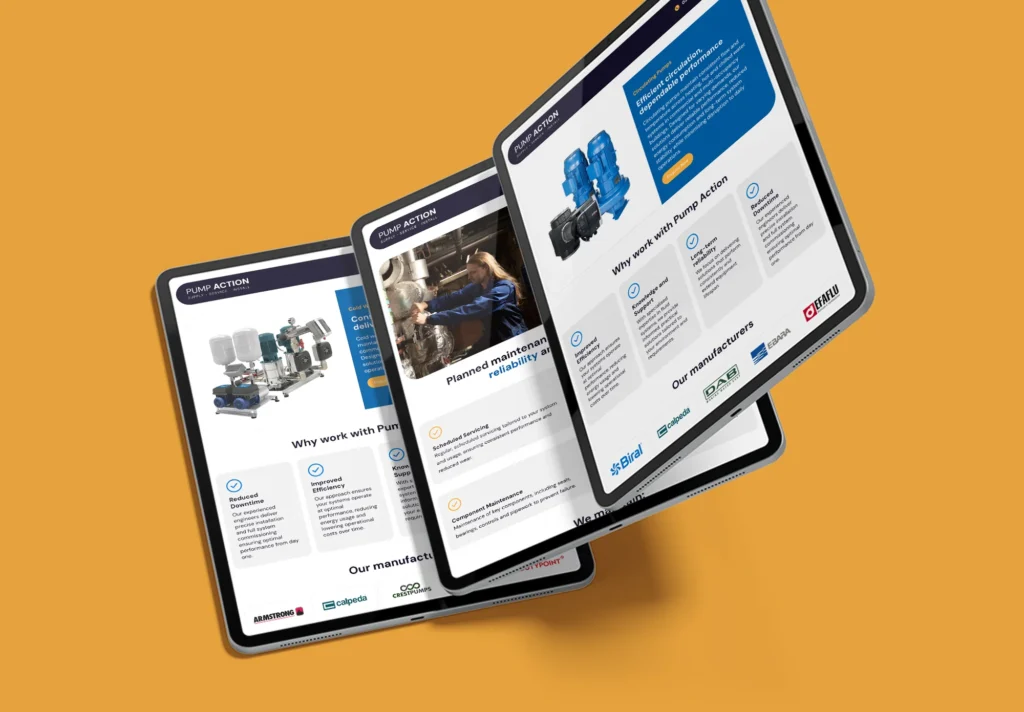 Pump Action website pages shown on tablets