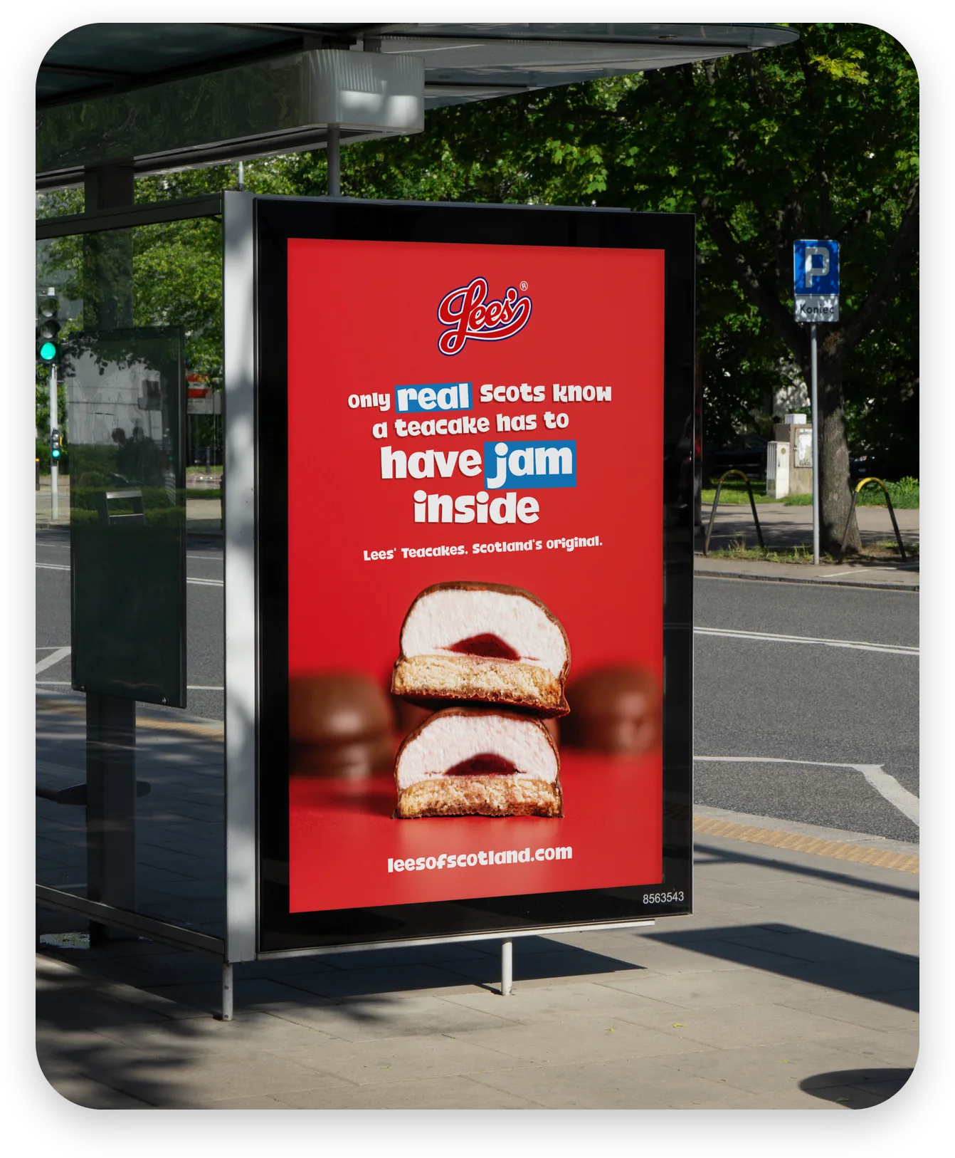 A Lees of Scotland advert at a bus stop: only real Scots know a teacake has to have jam inside